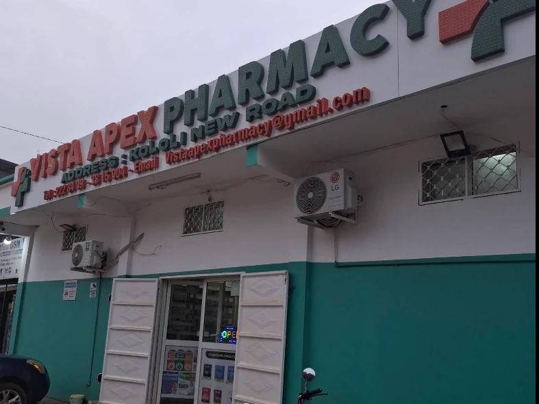 Entrance of Vista Apex Pharmacy in Kololi